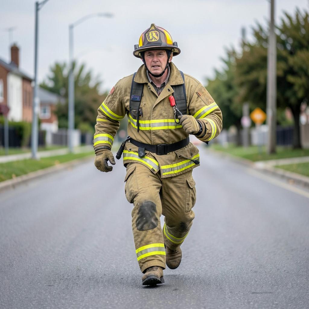 A firefighter running down a street