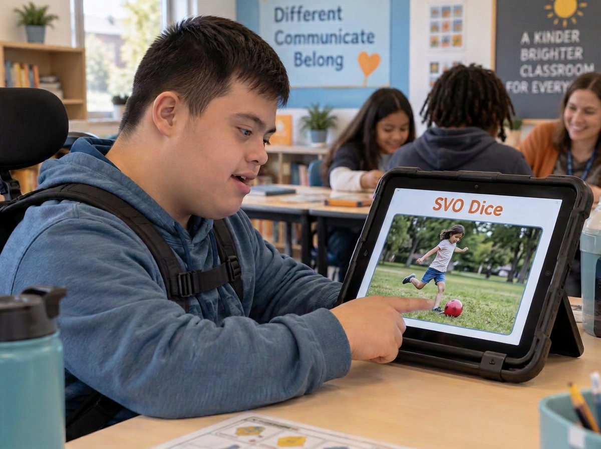 A teenager using an AAC device displaying SVO Dice
