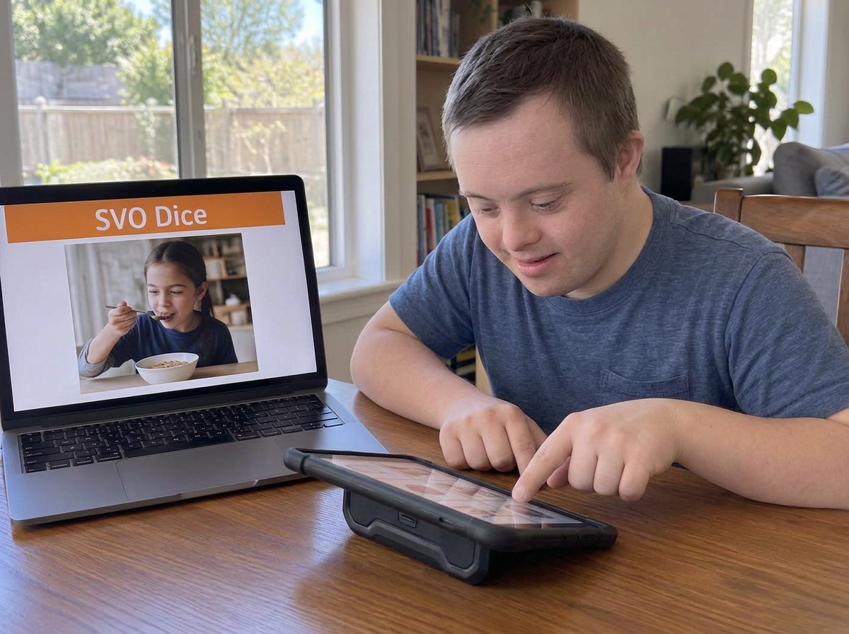 A man with Down syndrome points at his communication tablet beside SVO Dice on a laptop