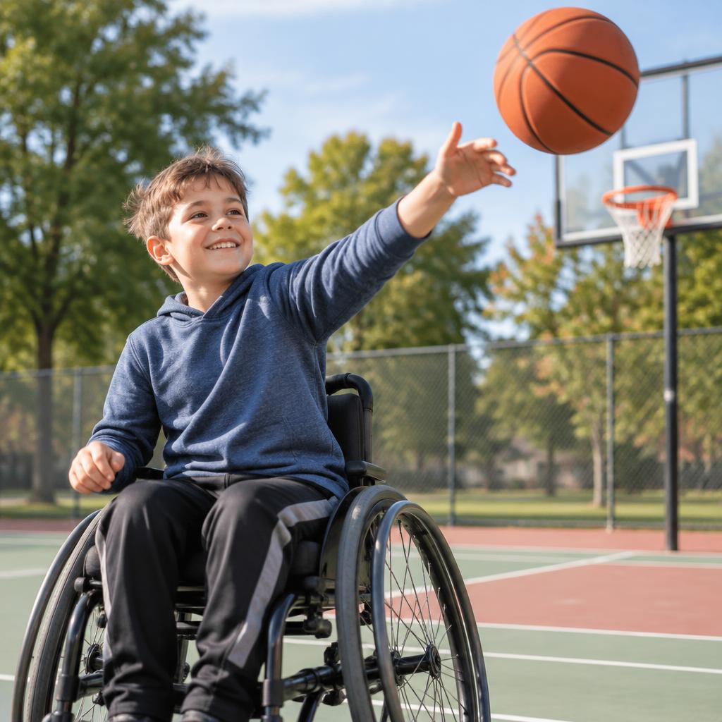 A child in a wheelchair throwing a basketball