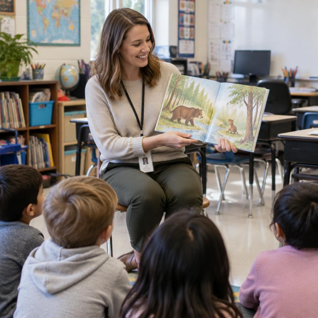 A teacher reading a book