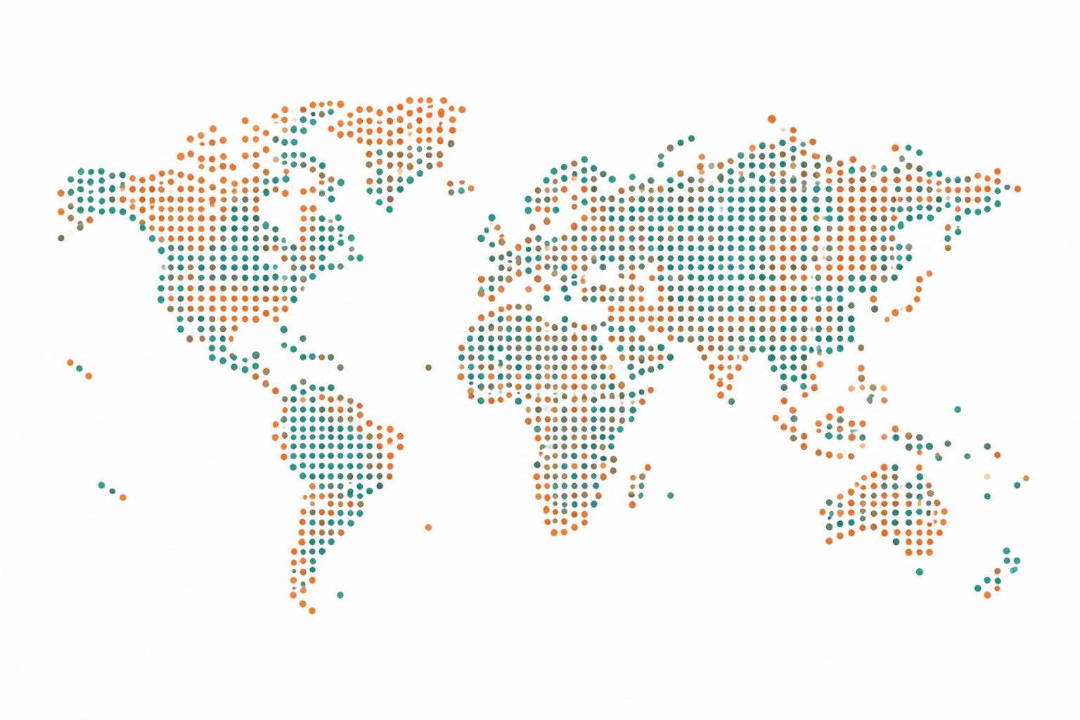 A dotted world map in soft orange and teal